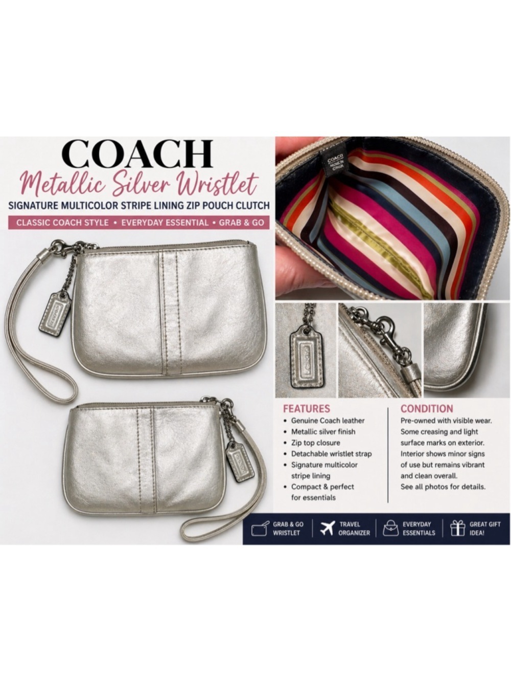 Coach Champagne Metallic Wristlet Signature Stripe Lining Zip Pouch Clutch